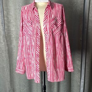 Women’s 1X Kim Rogers Pink/White  Button Down Blouse Top
